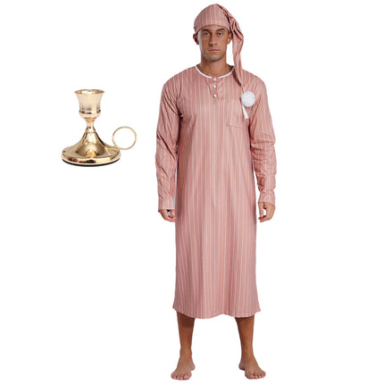 Men Pajama Set Long Sleeve Striped Soft Loose Sleep Robe Nightgown with Sleeping Cap Candlestick for Christmas Eve Halloween