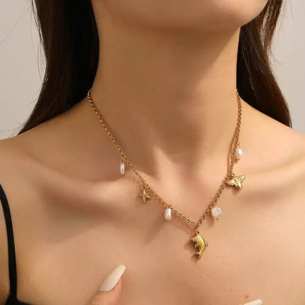 EILIECK 316L Stainless Steel Pearl Shell Starfish Sun Charm Necklace For Women Ocean Style Gold Plated Handmade Holiday Jewelry