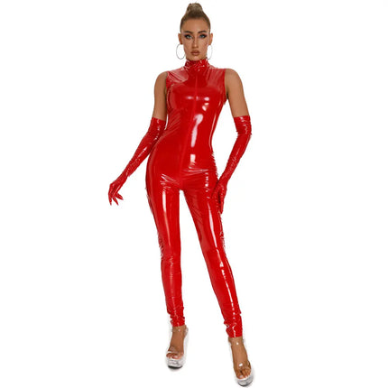 Women's Wet Look Shiny PU Faux Leather Jumpsuit Suit Long Sleeve Zipper Open Crotch Latex Bodysuit Clubwear PVC Latex Bodysuit