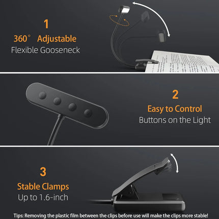 Eye Caring Clip-on Reading Book Light 3 Colors 10 Brightness USB Rechargeable Flexible Easy Clip For Piano Lamp Sheet Music Read