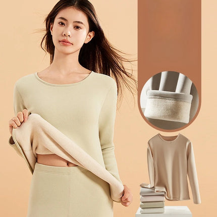 Women's Thermal Underwear with Fleece Lining Set Intimate Self-heating Winter Cold Protection Round Neck Ultra Thick 2 Pieces