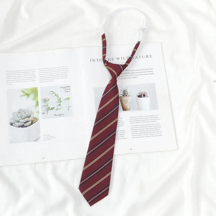 Striped College Style Tie Without Hand Knotting Wine Red Striped Small Tie Brown Striped Boys and Girls Uniform Tie Daily Simple