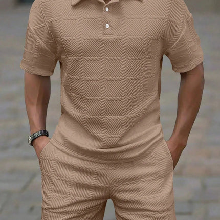 2026Summer Male Casual Two Pieces Suits Vintage Polo Neck Short Sleeve Tops And Shorts Men's Sets Fashion Plaid Textured Outfits