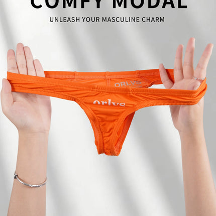 Men's Modal Thong Multi Colors Pack, ORLVS Logo Low Rise Bare Feel Underwear, High Elastic 3D Convex Pouch T-Back Briefs