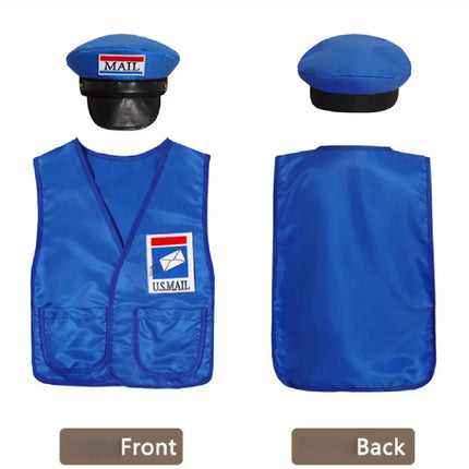 Kids Cosplay Postman Boys Girls Professional Mail Carrier Uniform Costume with Hat Halloween Carnival Dress Up Party Stage Show