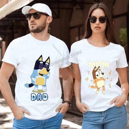 Blueys Bingo Dad Mom T-Shirts Cute Cartoon Tops Summer Parent-child Clothing Adult Anime Figure Black White Tee Family Clothes