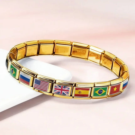 World Flag Range National Flag Bracelet Golden Module Italian Bracelet Charm Links Fit 9mm Stainless Steel DIY Making Jewellry