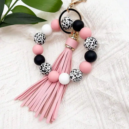 Leopard Print Silicone Bead Keychain With PU Tassel Bag Charm For Adults