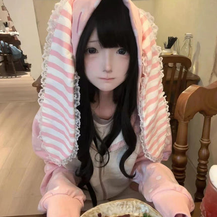 Aoaiiys Japanese Hoodies Women Kawaii Rabbit's Ears Loose Outerwear Strawberry Dot Print Aesthetic Sweatshirt Autumn Winter New