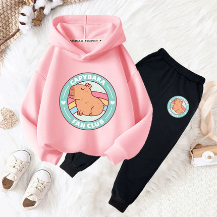 Capybara drink bubble tea fun print girls fashion set kids fall and winter casual comfortable warm hoodie + pants two-piece set