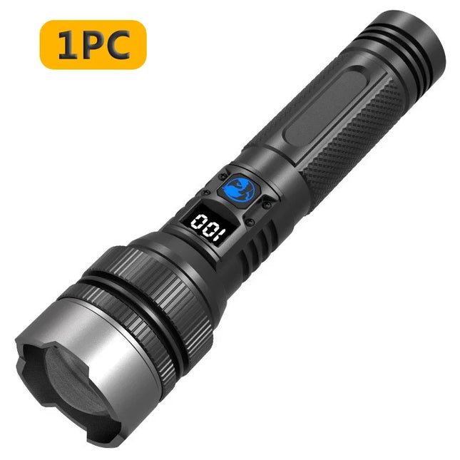 Powerful LED Flashlight Type-C Rechargeable Zoomable Torch with Digital Display Handheld Flashlights Power Bank for Outdoor Use