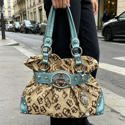 Luxury Women Rivet Handbag,Y2k Girls Metal Studded Underarm Shoulder Bag,Niche Belt Buckle Commuter Chic East-West Tote Bag