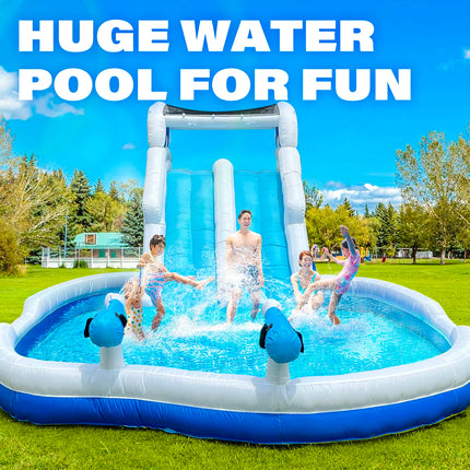 Blue & White Water Slide with Dual Sliding Lanes, Large Splash Pool, and Fun Water Cannon - Ultimate Outdoor Summer Water Slide