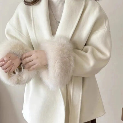DFDG Short Lace-Up Lapel Cashmere Wool Coat for Women's Fashion Temperament 2024 Autumn and Winter New Collection