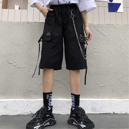 2026 Black Shorts With Chain Summer Casual Fashion Boardshort Bermuda Male Drawstring Elastic Waist With Chain Beach Shorts Men