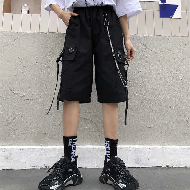 2026 Black Shorts With Chain Summer Casual Fashion Boardshort Bermuda Male Drawstring Elastic Waist With Chain Beach Shorts Men