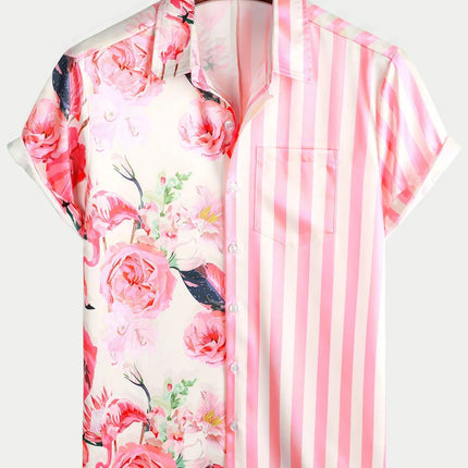 Summer Mens Striped Floral Patchwork Hawaiian Shirt 3D Print Short Sleeve Pocket Casual Oversized Beach Camisa Havaiana Listrada