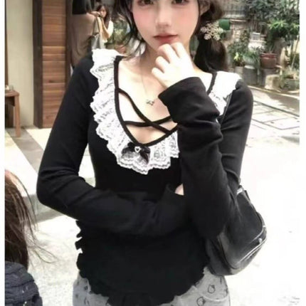 Korean Fashion Elegant Patchwork Lace Tops Slim Casual Long Sleeve Blouse 2000s American Vintage Sweet Pullover Chic