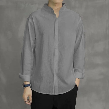 Spring Autumn Men's Shirt Long Sleeve Solid Color Cotton Linen Henley Neck Single Breathable Korean Style Fashion Male Top