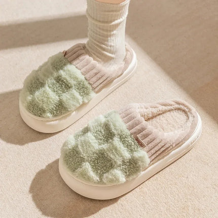 Fashion Couple Winter Toe Wrap Warm Plaid Plush Slippers Men Women Thick Soft Sole Slides Indoor Floor Flat Home Non-slip Shoes