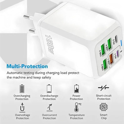 150W 6 Ports USB Charger PD Fast Charging Charger Wall Adapter EU/US/UK Plug Charger Quick Charge 3.0 Multi Ports Power Adapter