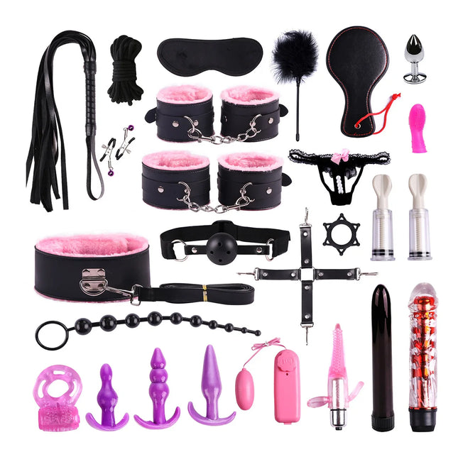 26-in-1 Mega BDSM Bondage Kit Plush Handcuffs Restraint Ball Gag Anal Plug Vibrator Sexy Lingerie Adult Sex Toy Set for Couples
