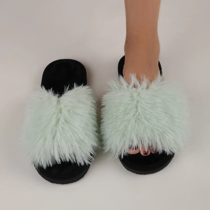 Women's Plush Faux Fur Slippers Winter House Carpet Fluffy Sandals Spring Autumn Outdoor Walking Open Toe Flip Flops