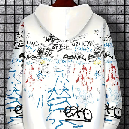 Fashionable men's autumn personalized letter graffiti print soft and comfortable hooded sweatshirt outdoor urban high street to