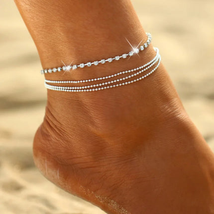 Silver Color Crystal Zircon 3 Rows Beads Anklet for Women New Fashion Chain Multilayer Rhinestones Foot Crystal Jewelry