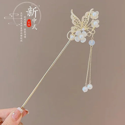 Neo Chinese Hairpin For Women Trendy Metal Flower Tassel Hair Stick Girls Daily Travel Shopping Jewelry Hair Accessories 1pc
