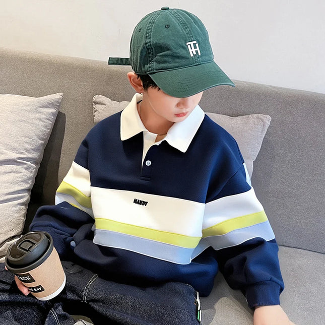 Korean Children Long Sleeve Winter Polo Shirt Coat for Tweens Boy Age 5 To 14 Years Kids Casual Warm Insulated Polo Sweatshirt