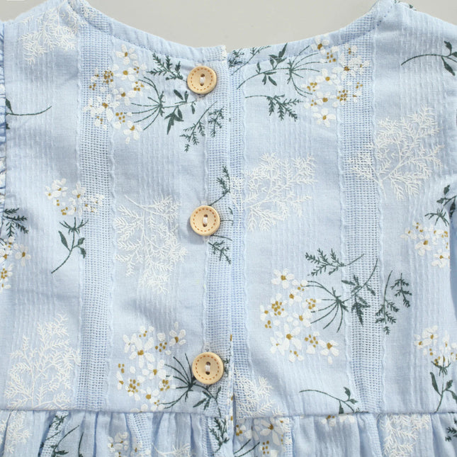 Baby Romper with Hairband Kids Floral Print Round Neck Fly Sleeve Bodysuit + Headband for Summer Blue/Yellow 0-24 Months