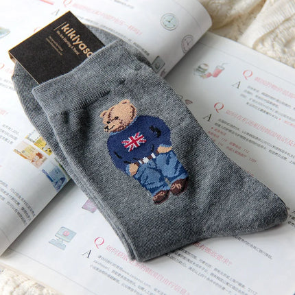 Cute Trendy Cartoon Bear Mid-Calf Cotton Socks for Women Casual Sweater Adult Female Bear Socks Comfortable Breathable Home Wear