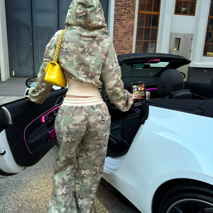 Women's 2-piece tailored camouflage hoodie sweatpants Casual long-sleeved zipper jacket Hip Hop Sweatshirt Sports Y2K sweatwear