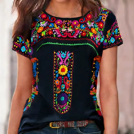 2026New European & American Women's Summer Collection | Bohemian Printed Crew Neck Short Sleeve T-Shirt