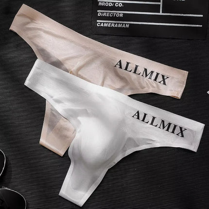3 PCS Sexy Transparent Underwear Men Thongs Sports Fitness Letter Thin Hip Panties G-Strings Ice Silk Low Waist Seamless Thong