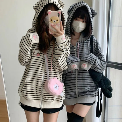 Strawberry Cat Embroidered Striped Hoodies Women Top Japanese Subculture Cute Cat Ear Black Grey Loose Harajuku Coat for Women
