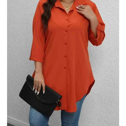 Plus Size 1XL-5XL Fashion Women‘s   Turn-Down Collar Blouse Ladies Button-Up Casual Chic Solid Color Roll-Up Sleeves Top Shirt