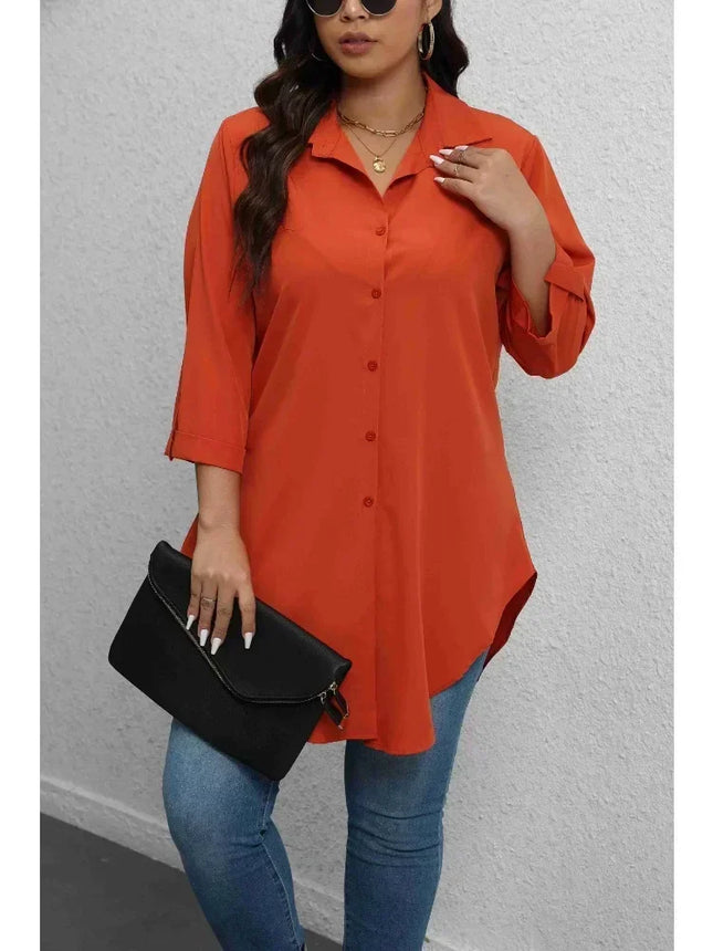 Plus Size 1XL-5XL Fashion Women‘s   Turn-Down Collar Blouse Ladies Button-Up Casual Chic Solid Color Roll-Up Sleeves Top Shirt