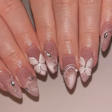 24Pcs Metallic Cat Eye French Sheer Manicure Tip Art Textured 3D Acrylic False Nails Nude Pink Almond Medium Press on Fake Nails