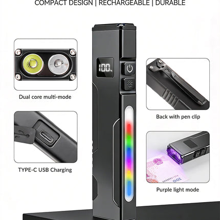 Super Bright EDC Flashlight UV Purple Light Lamp USB Charging RGB Side Light Magnetic Work Light with Pen Clip Ideal for Outdoor