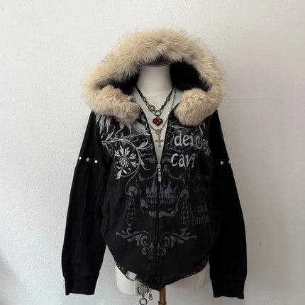 Harajuku Oversized Letter Printing Plus Velvet Padded Hooded Sweater Women Y2K Rock  Vintage Casual Street Joker Sweatshirt