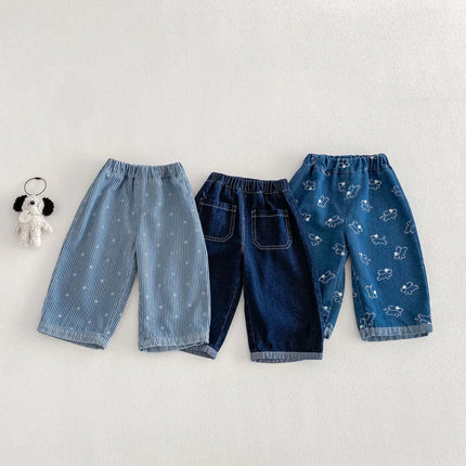 2026 Spring Kids Jean Star Pants Korean Style Boys Girls Denim Pants Full of Puppy Print Casual Toddler Boys Straight Trouseres