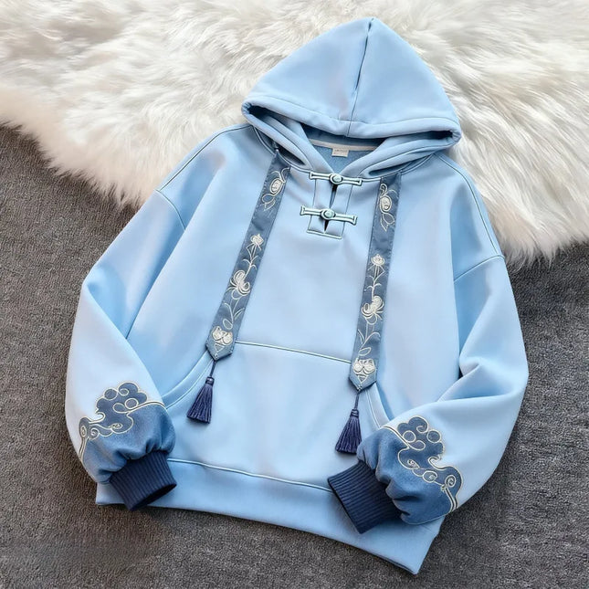 New Chinese Style Hooded Embroidered Fleece Women's Sweatshirt Slimming Loose Fit Comfortable Long Sleeve Polyester Casual St...
