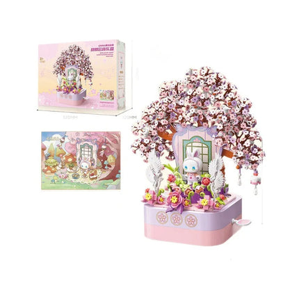 JAKI block music box Mushroom house Cherry blossom tree 3D stereoscopic painting creative decoration children's block toys