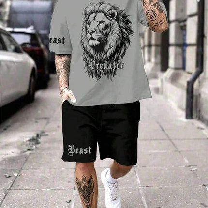 2024 New Crew Neck Short Sleeve T-shirt Fashion Shorts Set 3D Lion Print Short Sleeve Shorts 2-piece Men's Summer Sports Set