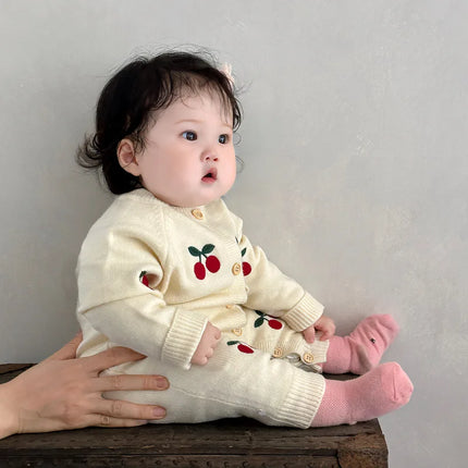 2025 Autumn Baby Girls Cute Sweet Cherry Knitting Overalls Infant Jumpsuit Romper