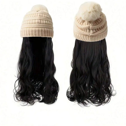 20inch Long Water Wavy Synthetic Hairpiece Beanie Hat - Woven Wigs with Knit Pom Cap and Warm Winter Design - Soft, Detachable,