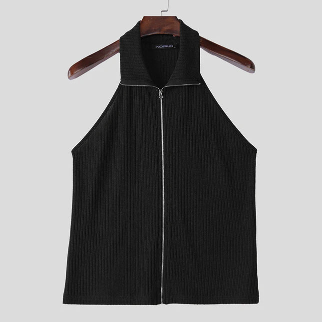 INCERUN Tops 2025 Korean Style Fashion Men's Knitted Texture Hanging Neck Design Vests Casual Streetwear Solid Zipper Tank Tops