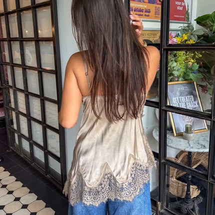Women Lace Trim Satin Tank Top Sexy Solid V Neck Silk Camisole Top Summer Fashion Asymmetrical Backless Spaghetti Strap Camisole